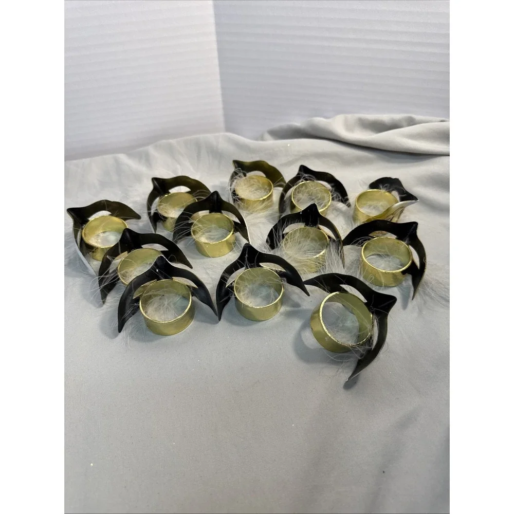 12 Masquerade Mask Napkin Rings Gold White Feather Mardi Gras Party Decor